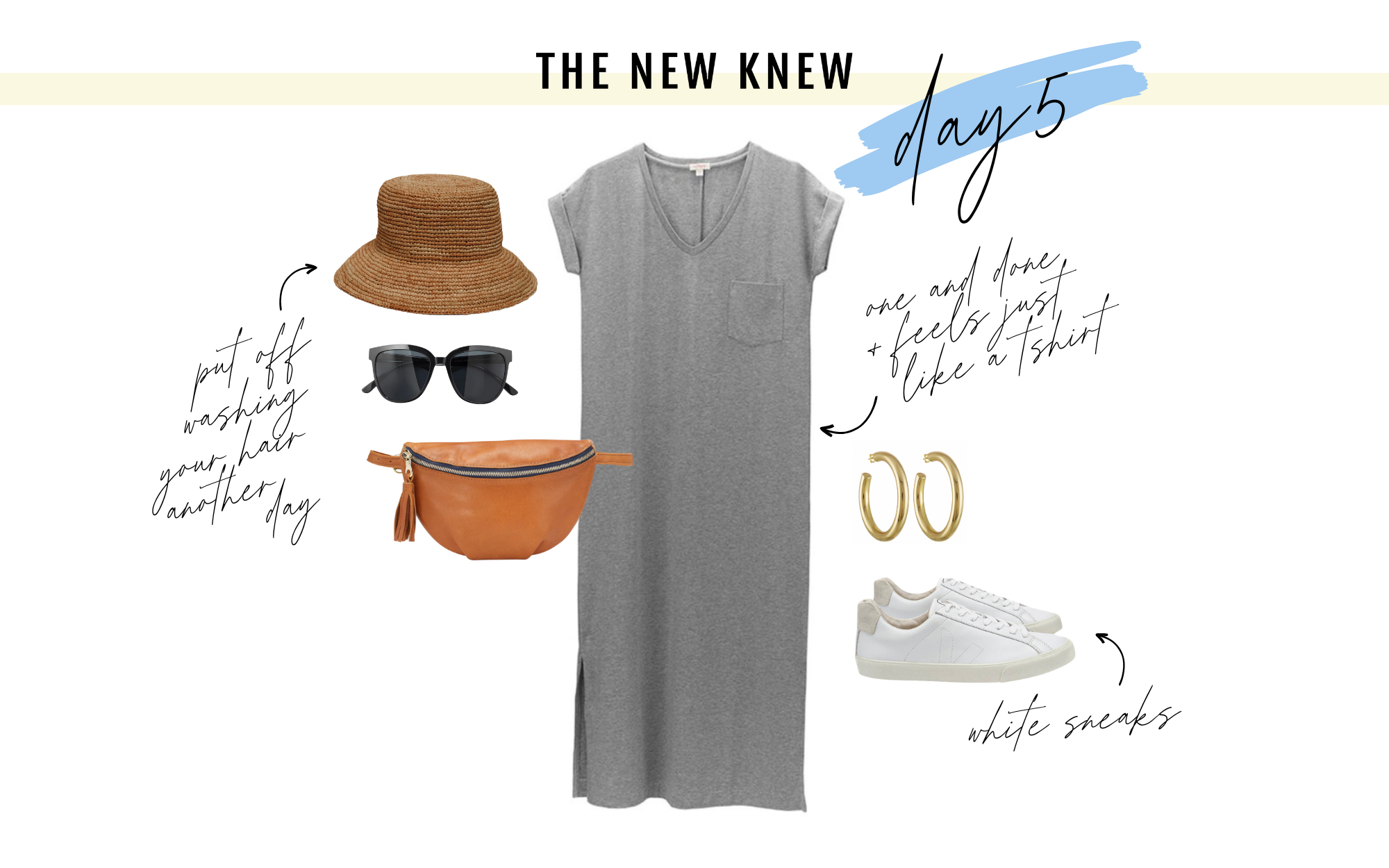 An outfit from a capsule wardrobe featuring a gray t-shirt dress.