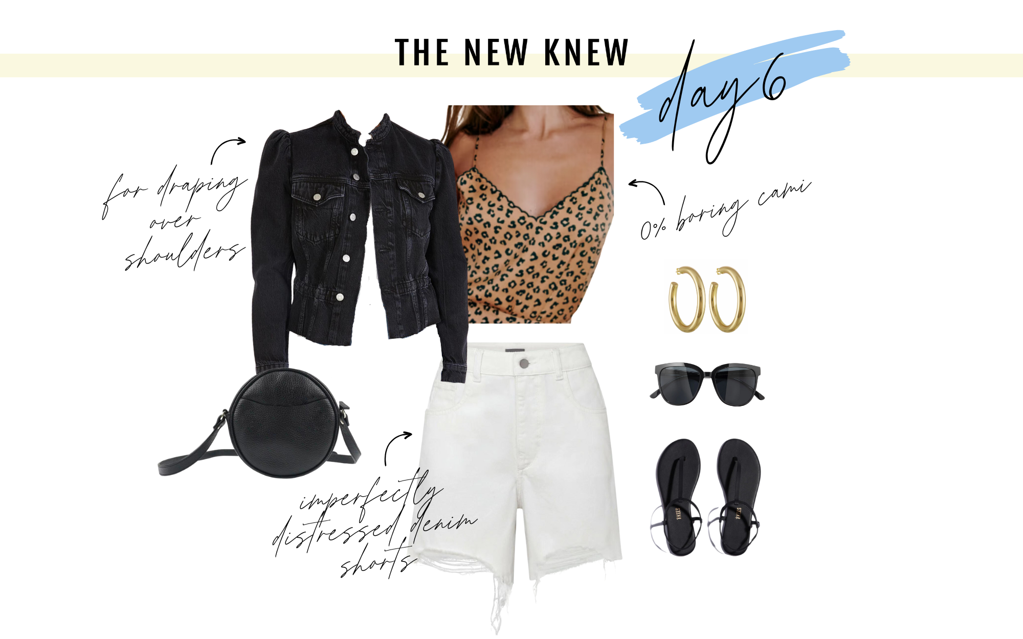 A capsule wardrobe outfit featuring a cami, denim jacket and white denim shorts.