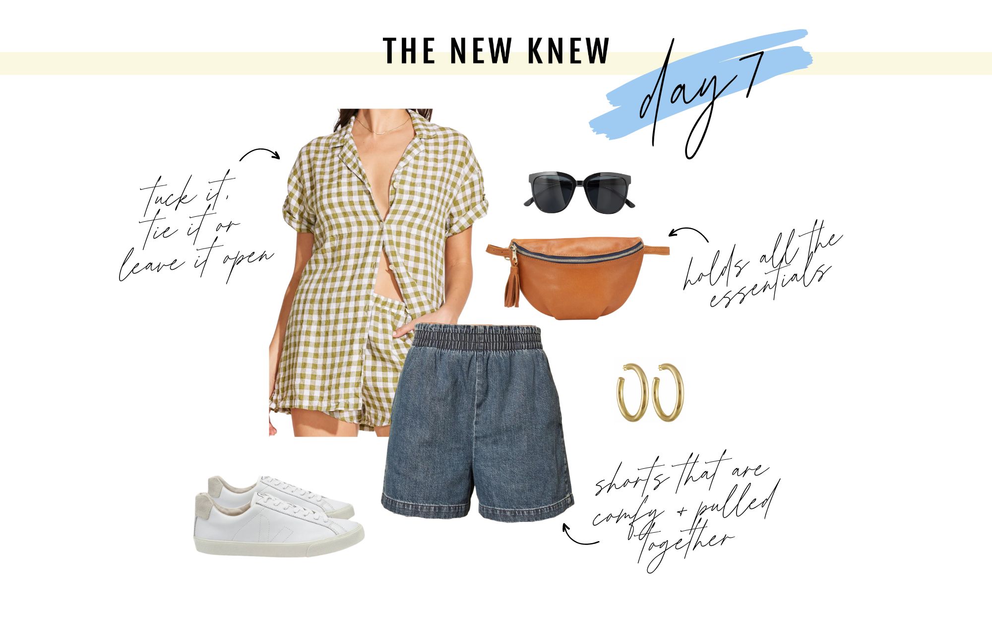 An outfit from a capsule wardrobe featuring a pair of shorts and a gingham shirt.