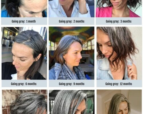 A grid of photos of a woman's hair color changing from dyed to gray over four years of time.