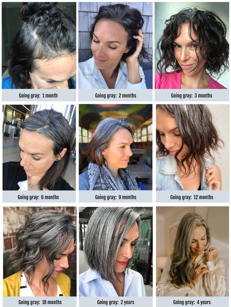A grid of photos of a woman's hair color changing from dyed to gray over four years of time.
