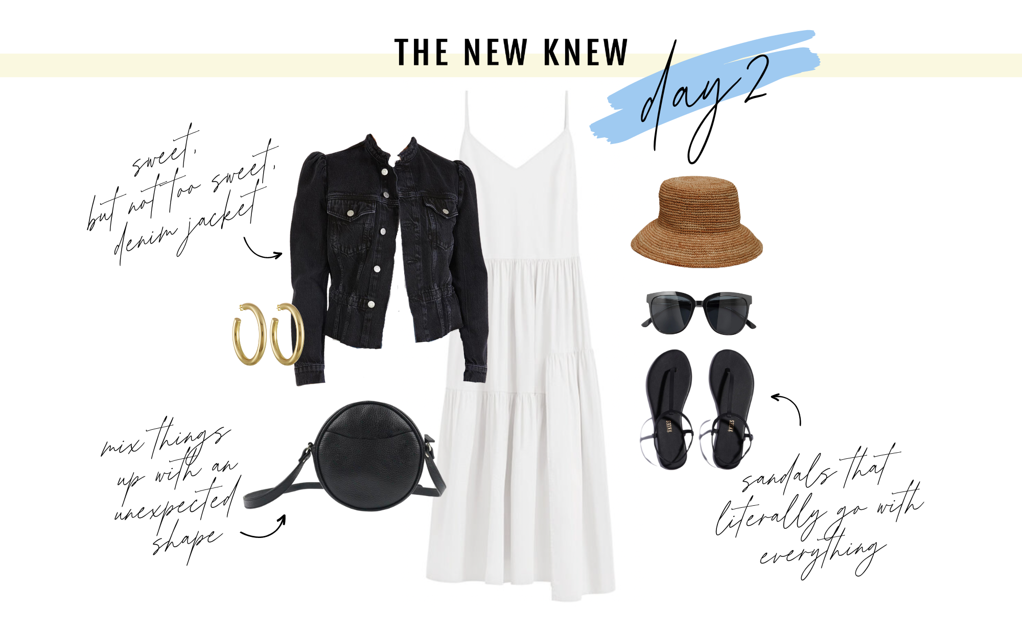 An outfit from a capsule wardrobe featuring a white long dress and black denim jacket. 