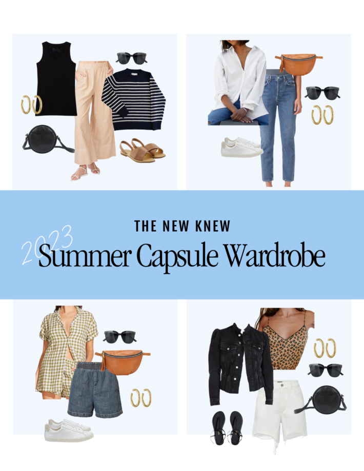 A collection of four outfit combinations from a capsule wardrobe.