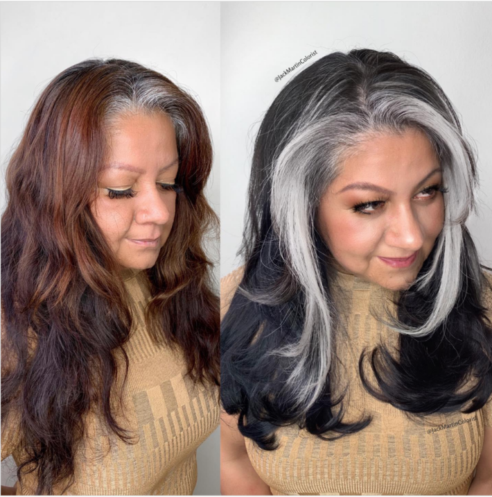 A woman's hair before and after gray blending.