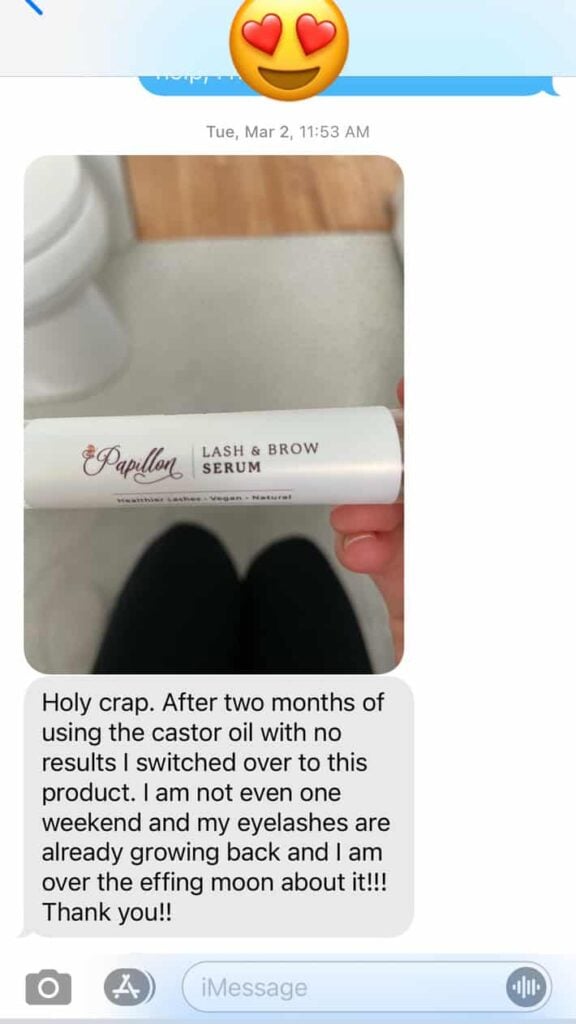 A text exchange about an eyelash serum. 