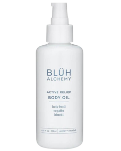 A bottle of BLUH Alchemy Active Relief Body Oil