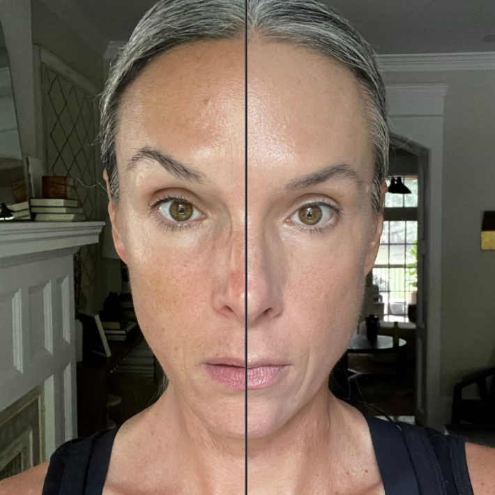 Before and after of a woman wearing Fitglow Beauty Foundation +. 