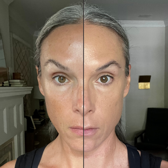 Before and after of a woman wearing ILIA True Skin Serum Foundation. 