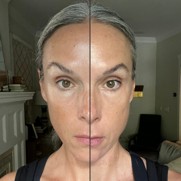before and after images of a woman with Inika Organic BB cream.