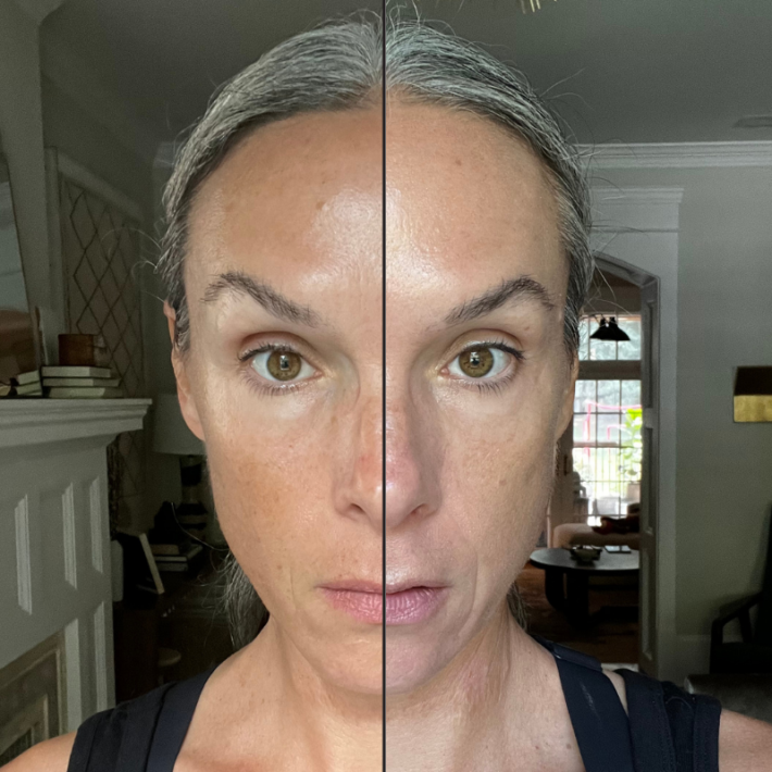 Before and after a woman wearing Jones Road What The Foundation. 