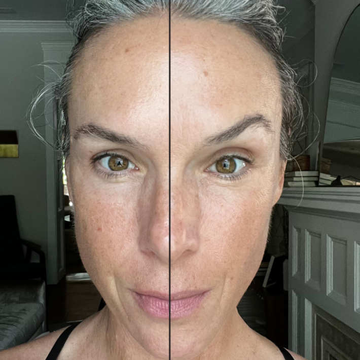 Before and after of a woman wearing Lily Lolo BB Cream. 