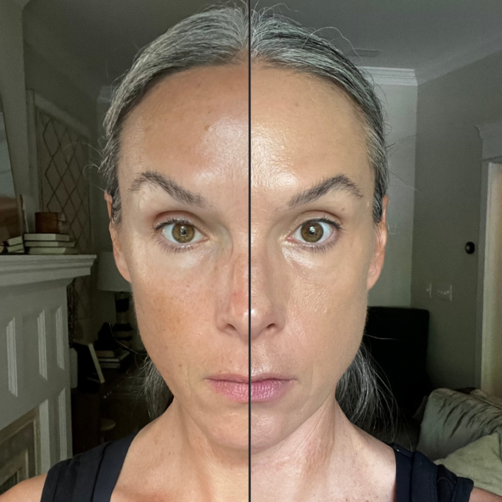 Before and after of a woman wearing MOB Blurring Ceramide Cream Foundation.