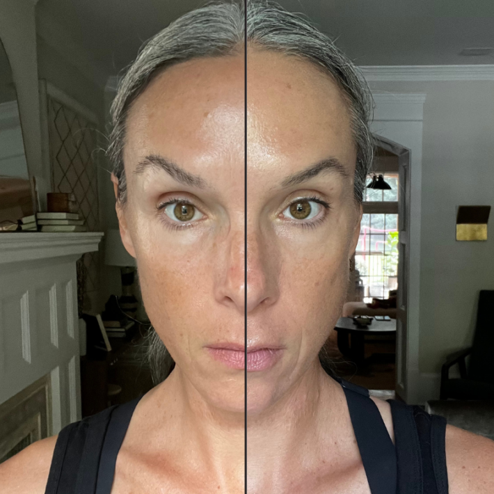 Before and after of a woman wearing Westman Atelier vital Skincare Complexion Drops. 
