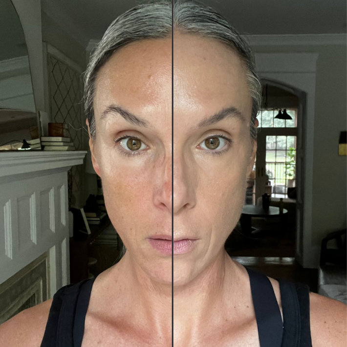 Before and after of a woman wearing RMS "Un" Cover-up Cream Foundation. 
