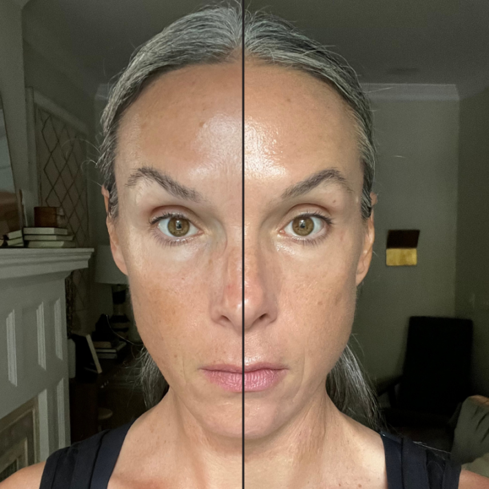 Before and after of a woman wearing Saie Glowy Super Skin. 