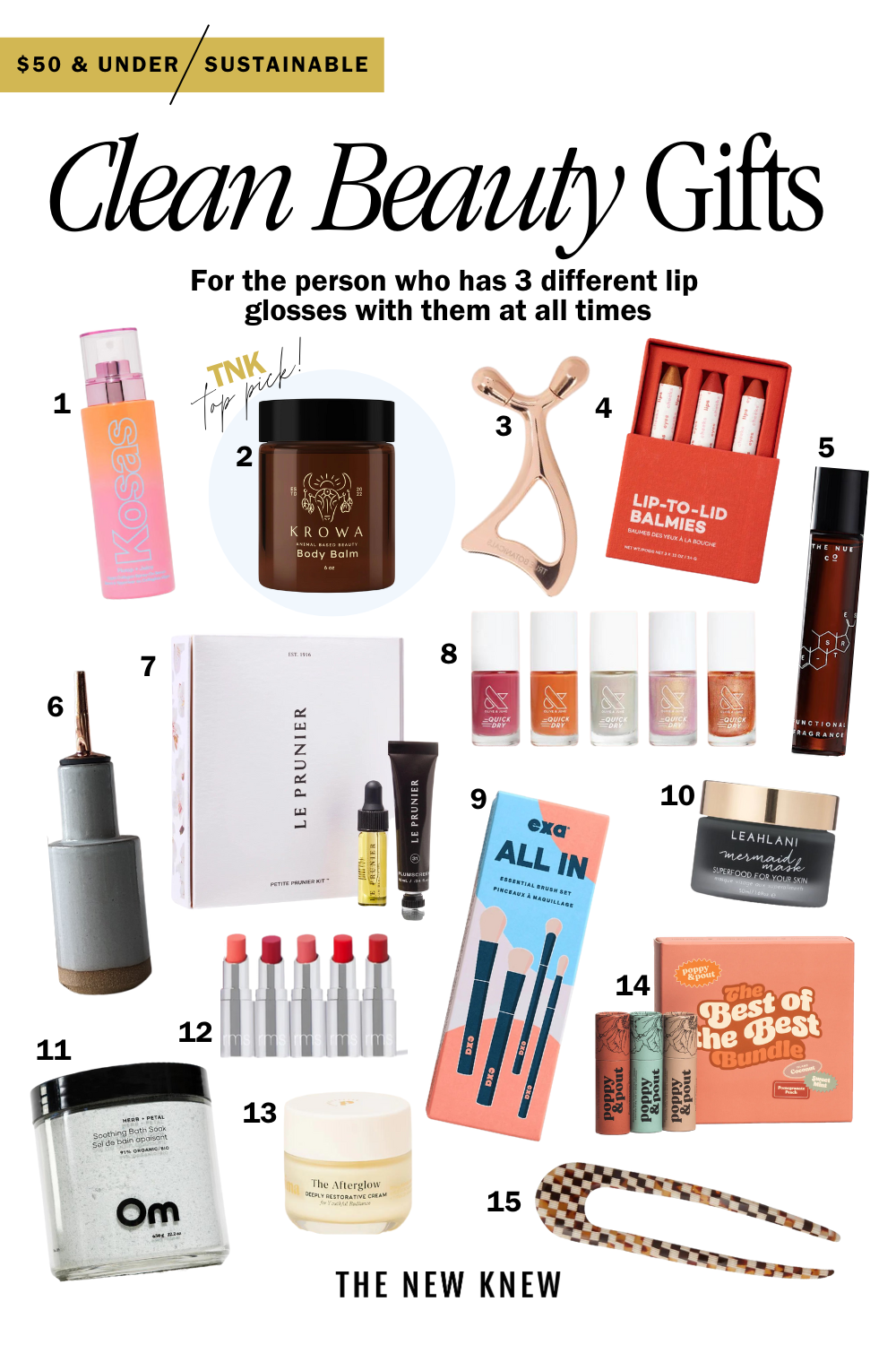 Clean beauty gift guide graphic with 15 clean beauty products. 