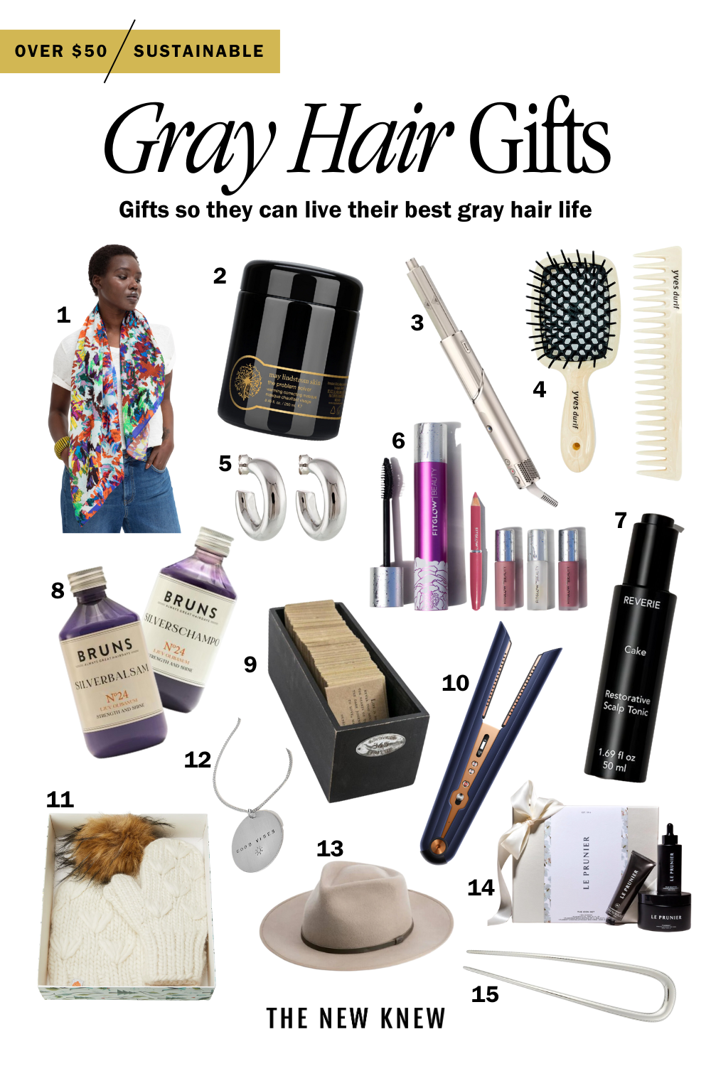 A collection of gray hair gifts over $50. 