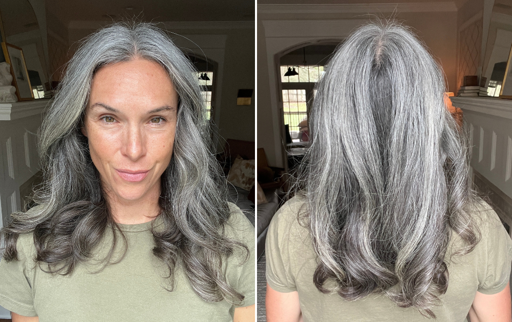 A woman's hair styled with the Shark FlexStyle (left side of each photo) and Dyson Airwrap (right side of each photo)