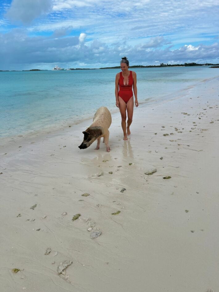 A woman walking on the beach with a pig. 