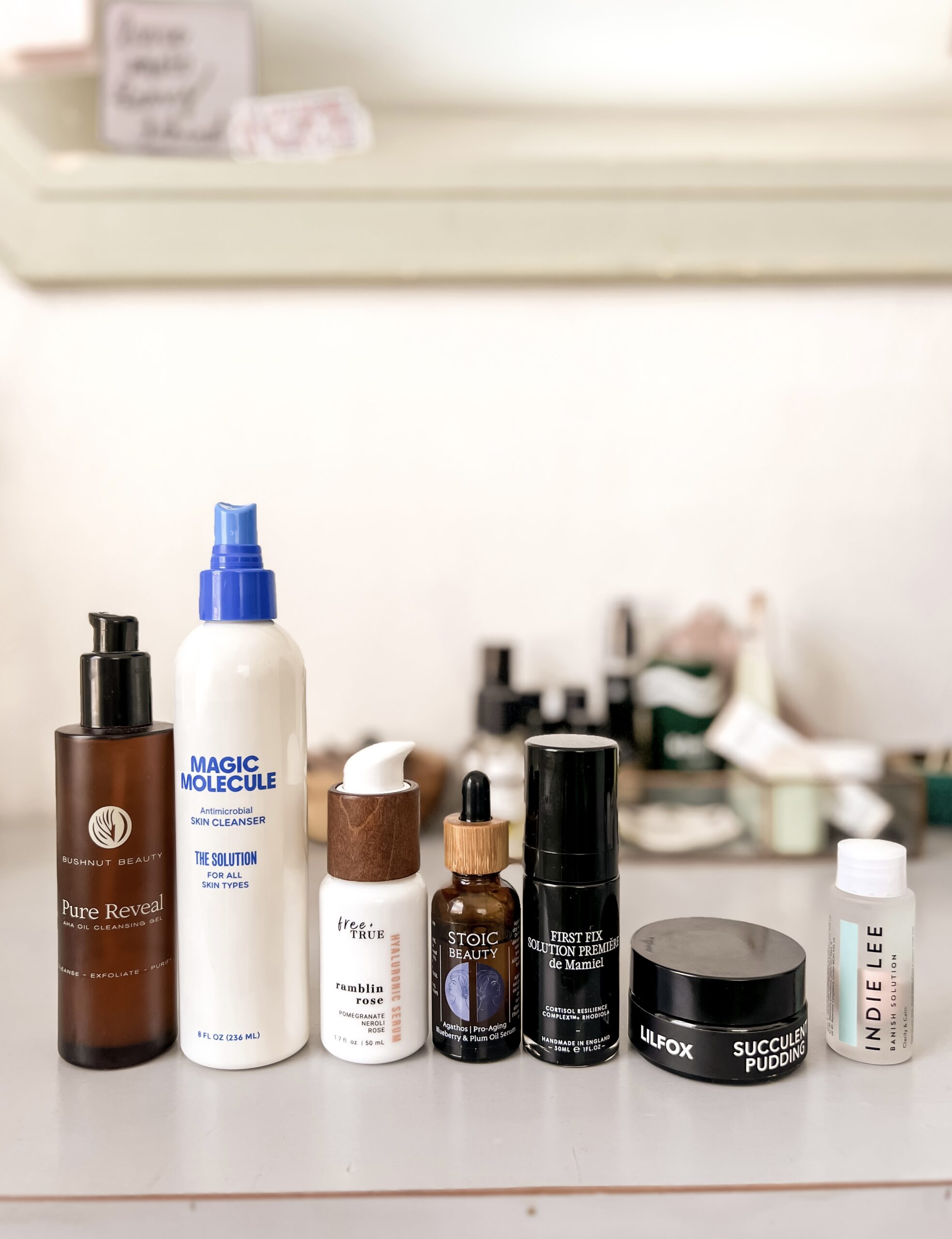 A line up of the products in Nicolle's sensitive skincare routine.