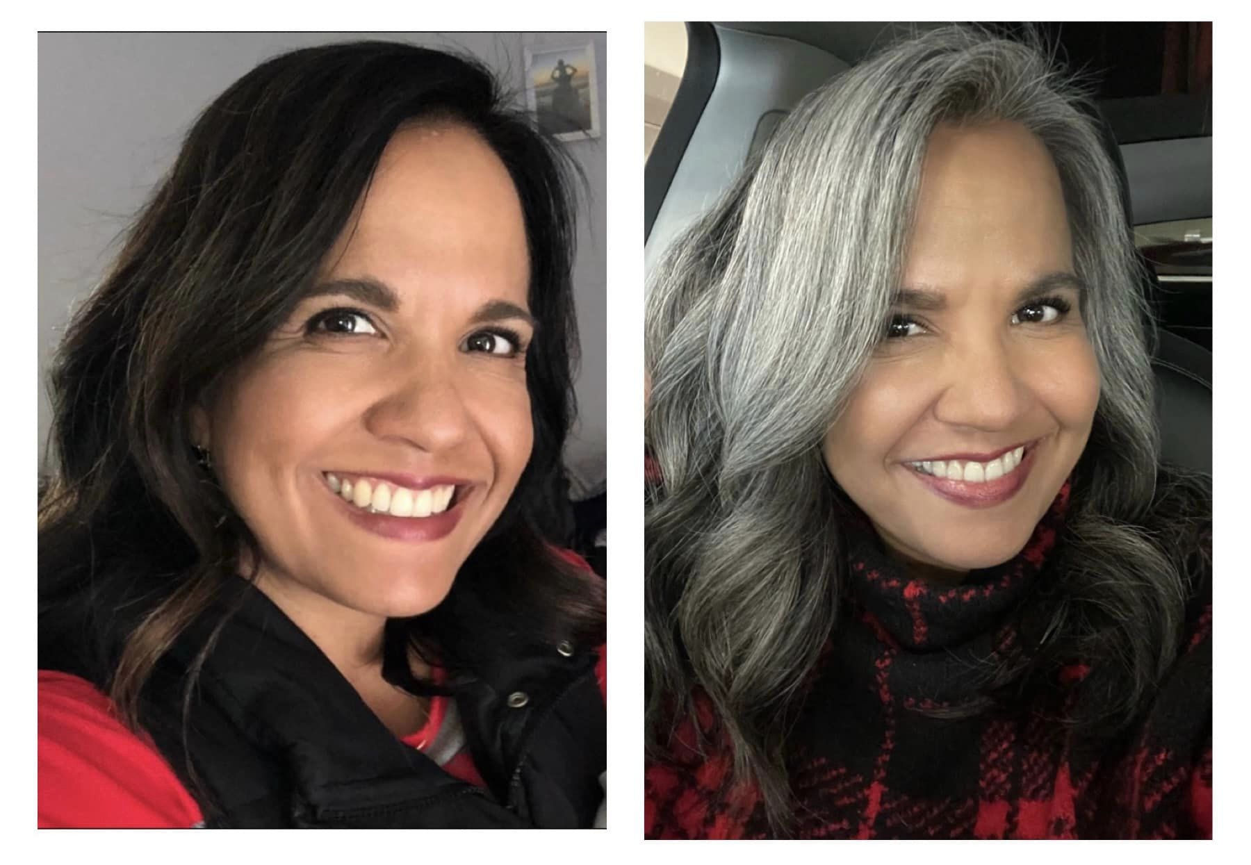 Side by side of a woman with dyed hair vs gray hair.