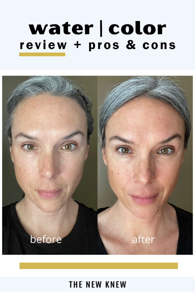 A side by side of a woman before and after using Maya Chia's WATER | COLOR self tanner on her face.