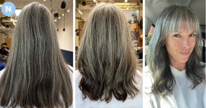 A trio of photos of a woman's hair before and after a clear hair glaze.
