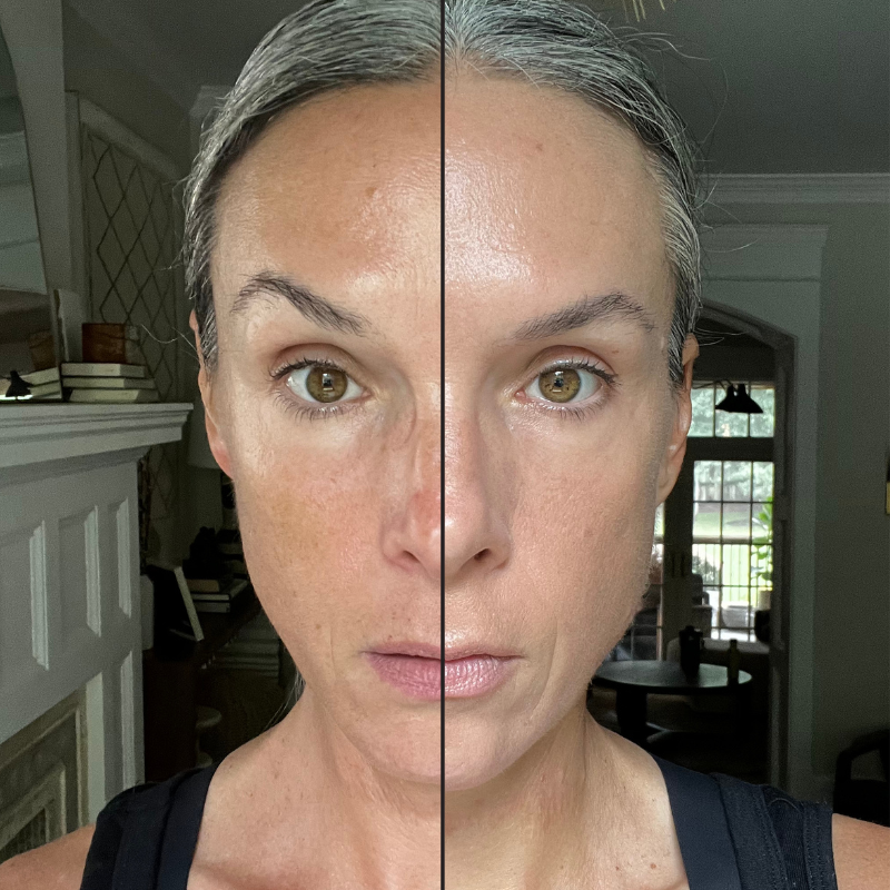Side by side before and after photos of a woman with foundation on the left and no foundation on the right.